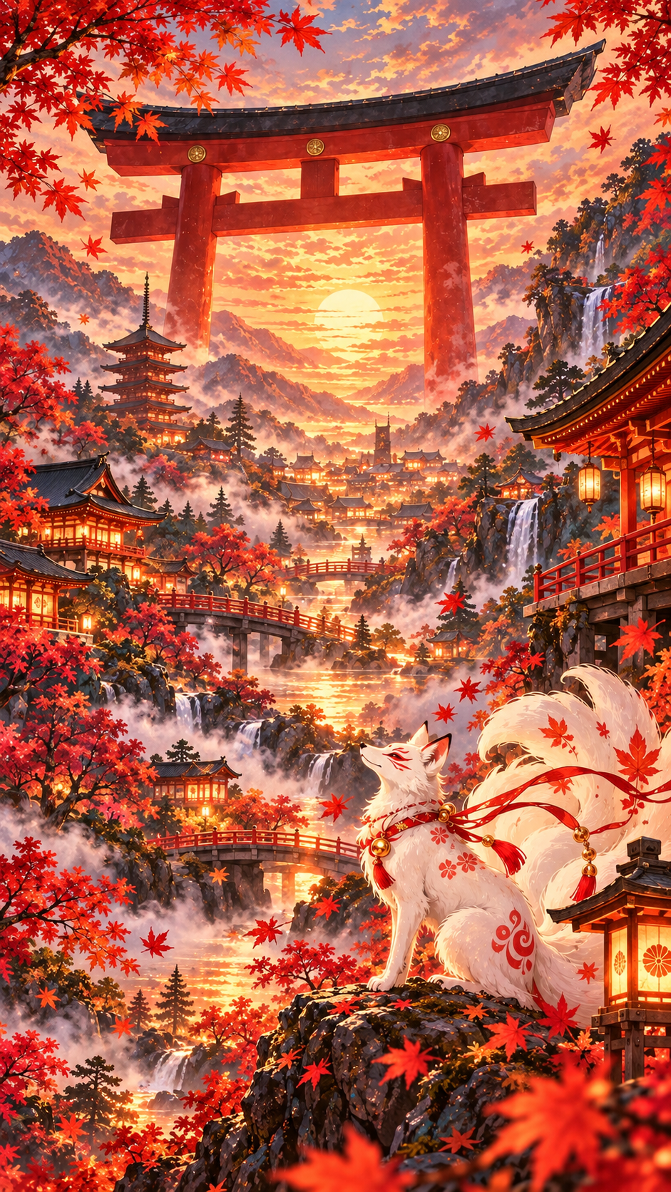 Kyoto completion artwork with giant torii, autumn leaves, and a white fox