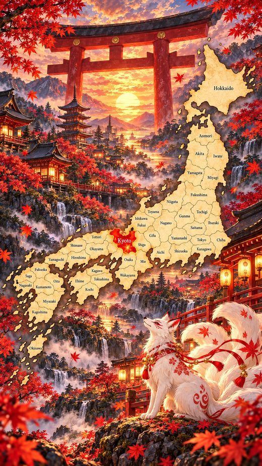 Illustrated Japan passport map featuring a white fox and Kyoto in autumn